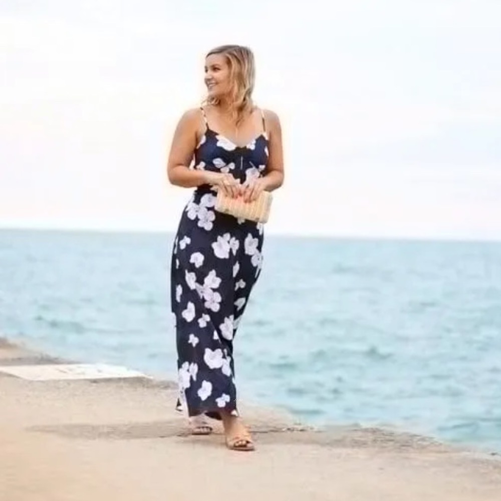 Banana Republic Navy Blue Floral Maxi Dress Women’s Size 2 Satin - Picture 12 of 15